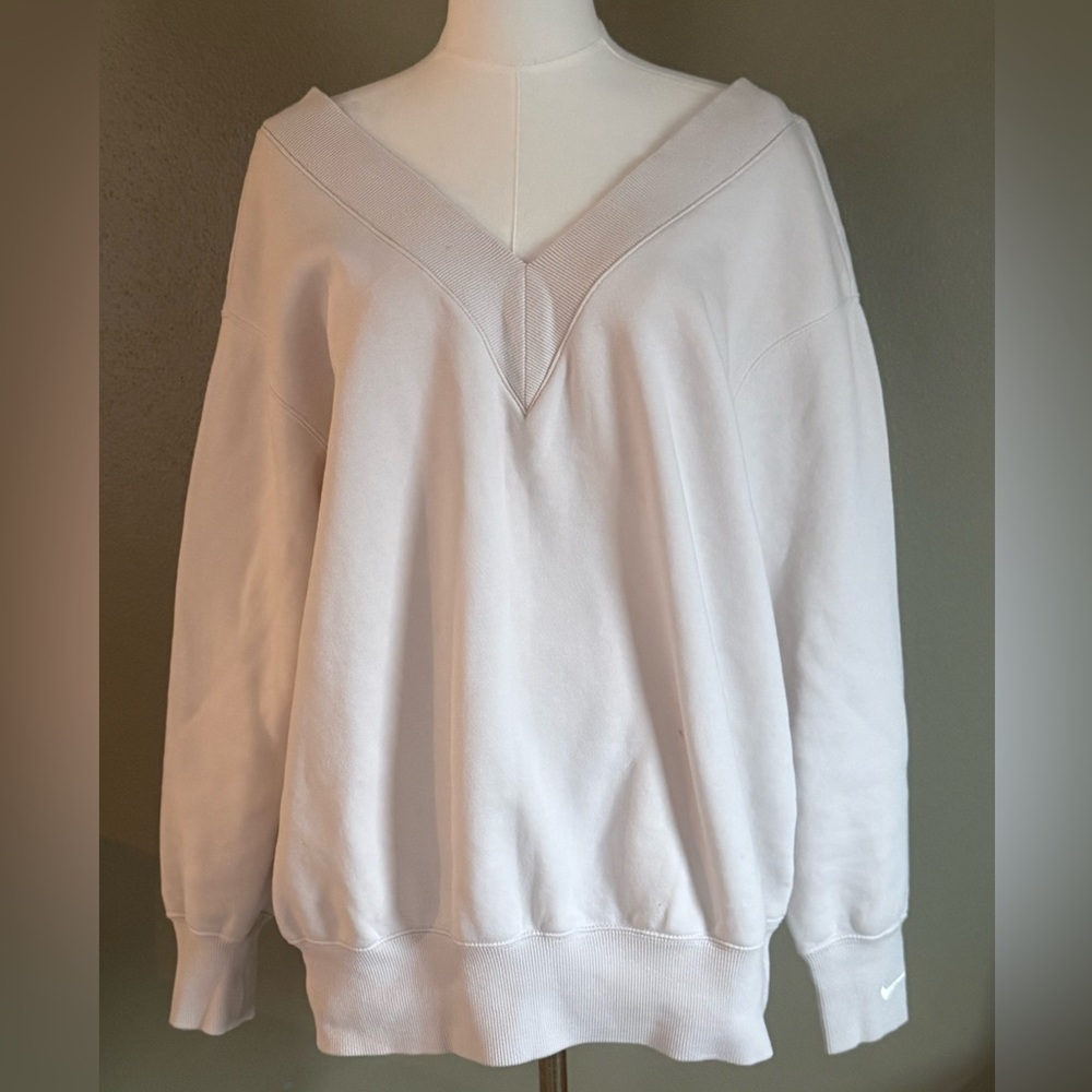 Nike Women's V-Neck Cream Off Shoulder Sweatshirt Size XS Embroidered Swoosh